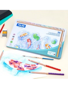 Caja Metálica 36 Lápices de Colores Acuarelables Mina Gruesa + Pincel, MILAN