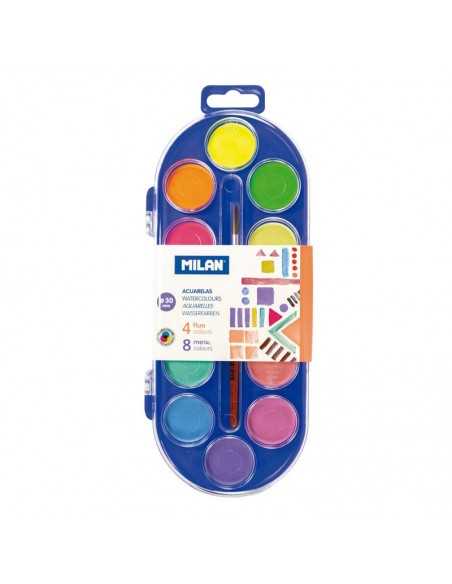 Set 12 Pastillas Ø 30mm Colores Fluo y Metalizados con Pincel, MILAN