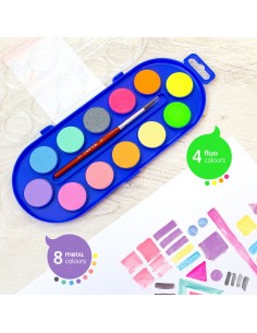 Set 12 Pastillas Ø 30mm Colores Fluo y Metalizados con Pincel, MILAN