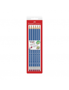 Blister con 6 lápices azules con borrador, FABER CASTELL