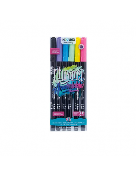 Marcadores Mooving long doble punta pincel x6