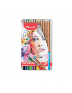 Lápices de colores acuarelables en caja metálica 12uds, MAPED