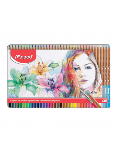 Lápices de colores acuarelables en caja metálica 36uds, MAPED