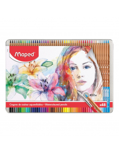 Lápices de colores acuarelables en caja metálica 48uds, MAPED