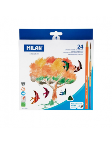 24 Lápices de Colores Triangulares Acuarelables + Pincel, MILAN