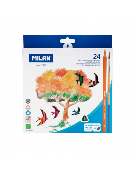 24 Lápices de Colores Triangulares Acuarelables + Pincel, MILAN