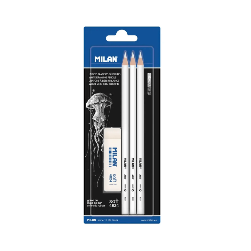 Set De 3 Lápices Blancos Para Dibujo + goma de borrar -  MILAN