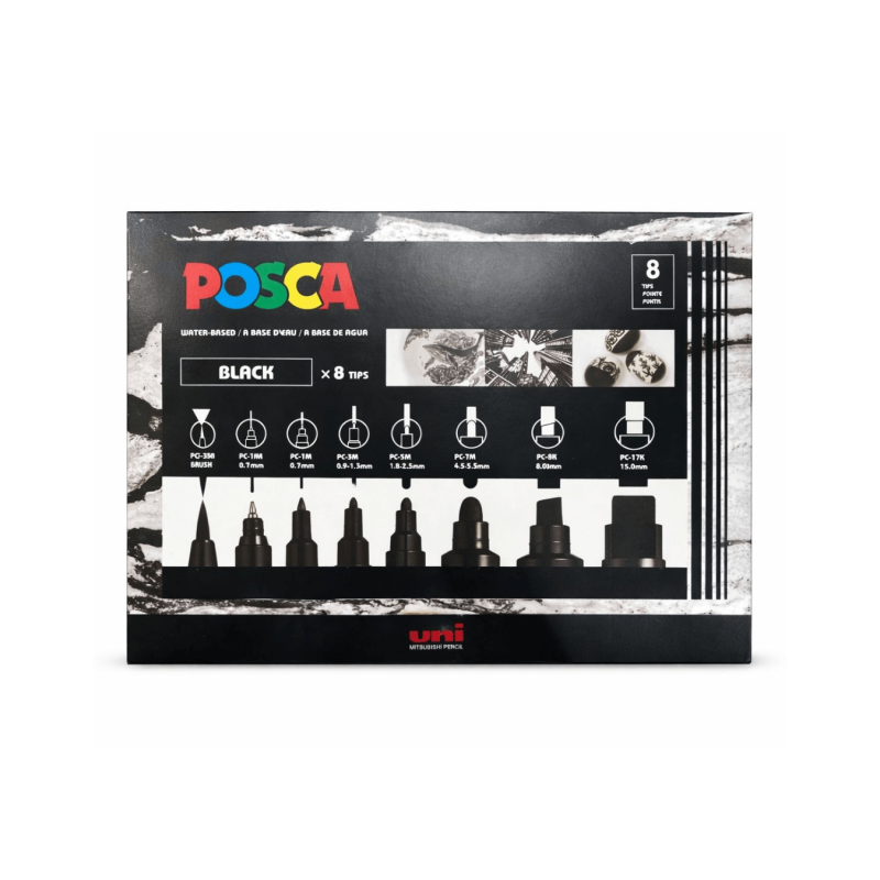 Set de 8 Rotuladores Negros, Puntas Mix - POSCA