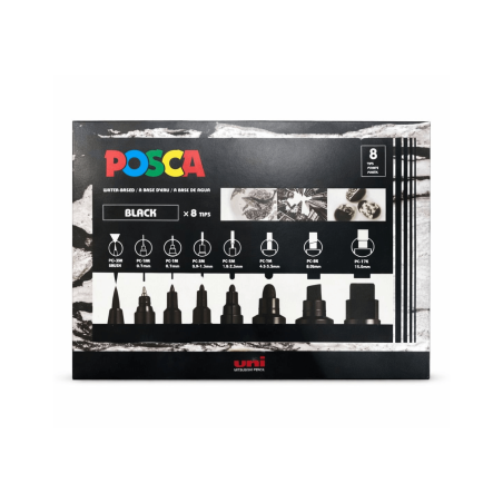 Set de 8 Rotuladores Negros, Puntas Mix - POSCA