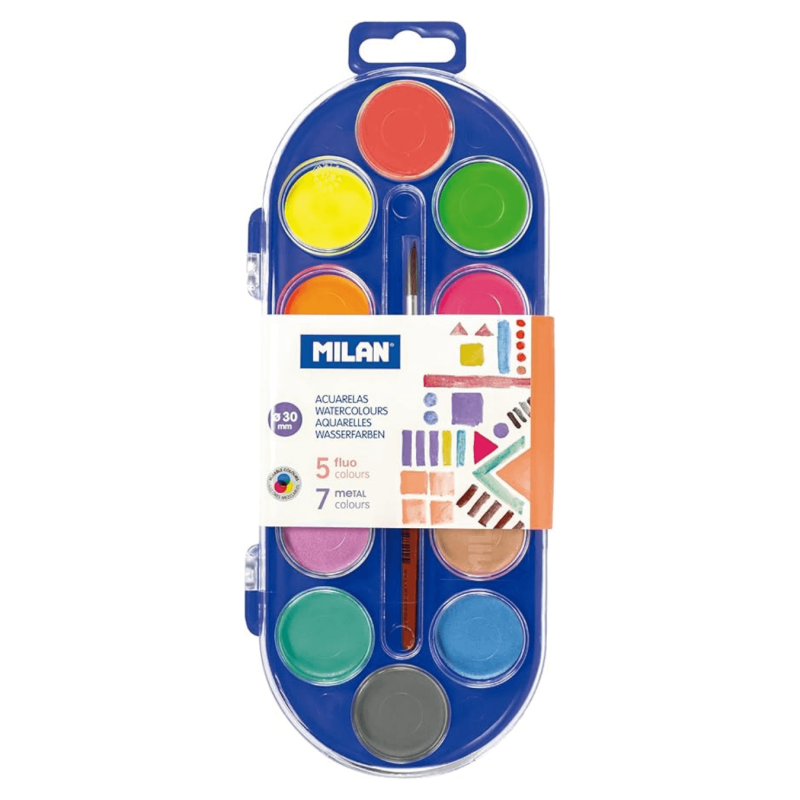 MILAN Set acuarelas 12 Pastas flourecente y metalizadon + pincel
