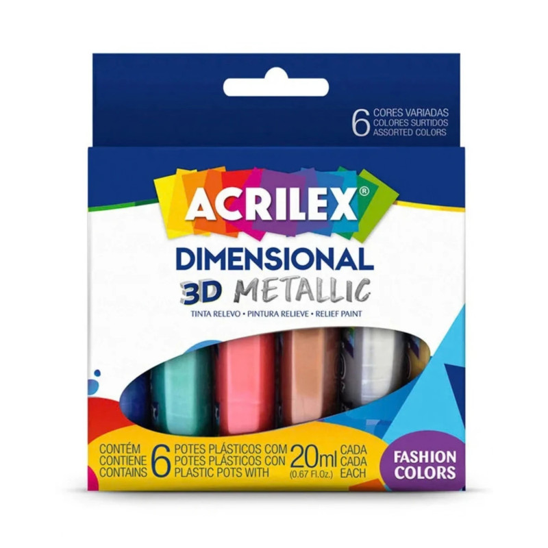 Tinta Metálica Dimensional Relieve 3D 6u, ACRILEX