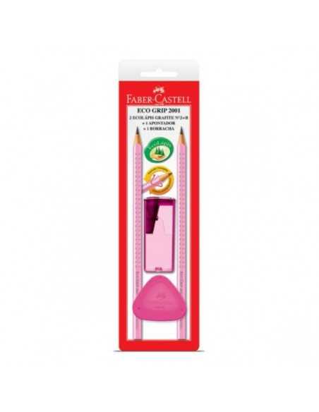 Kit 2 ecolápices de grafito+1 borrador+1 tajador color rosado, FABER-CASTELL